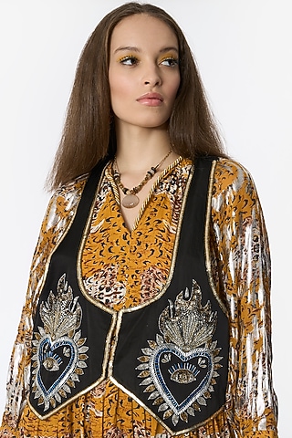 Black Silk Hand Embroidered Waistcoat by Rara Avis