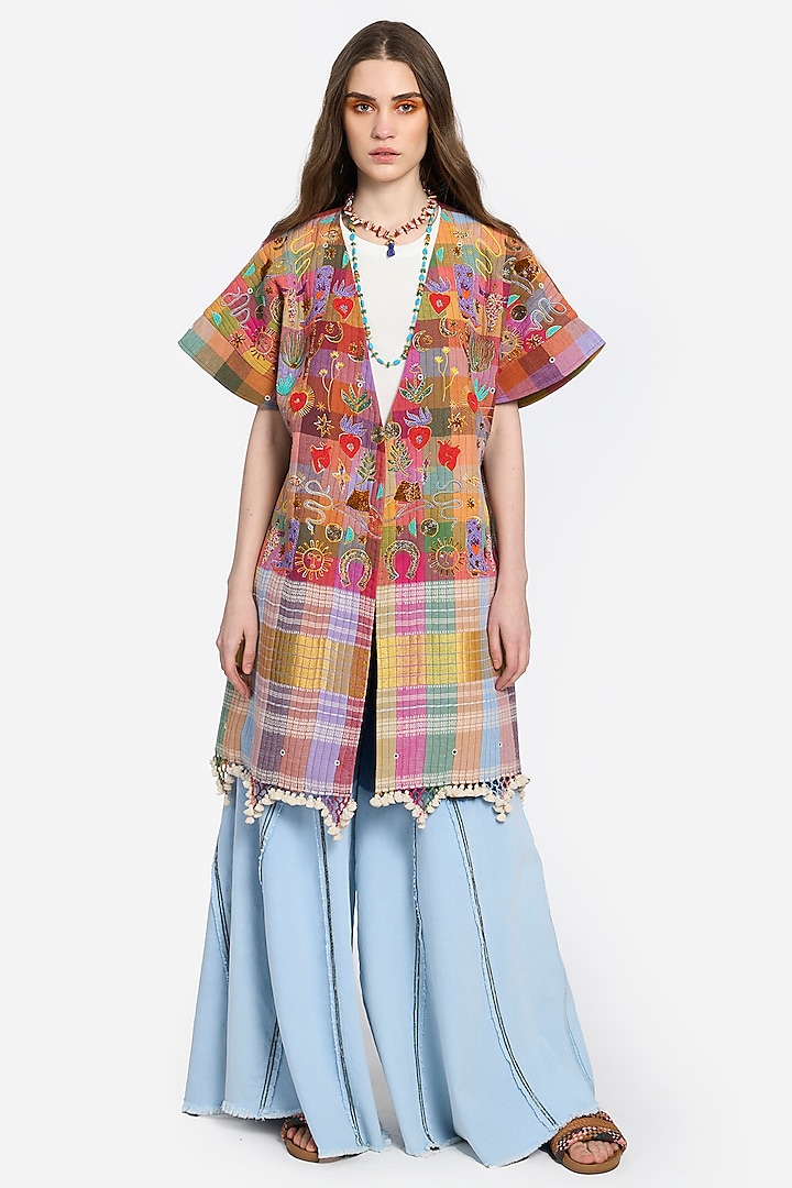 Multi-Colored Cotton Hand Embroidered Checkered Kimono Jacket by Rara Avis