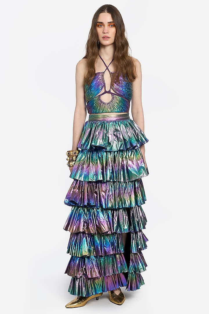 Multi-Colored Metallic Viscose Tiered Skirt Set by Rara Avis