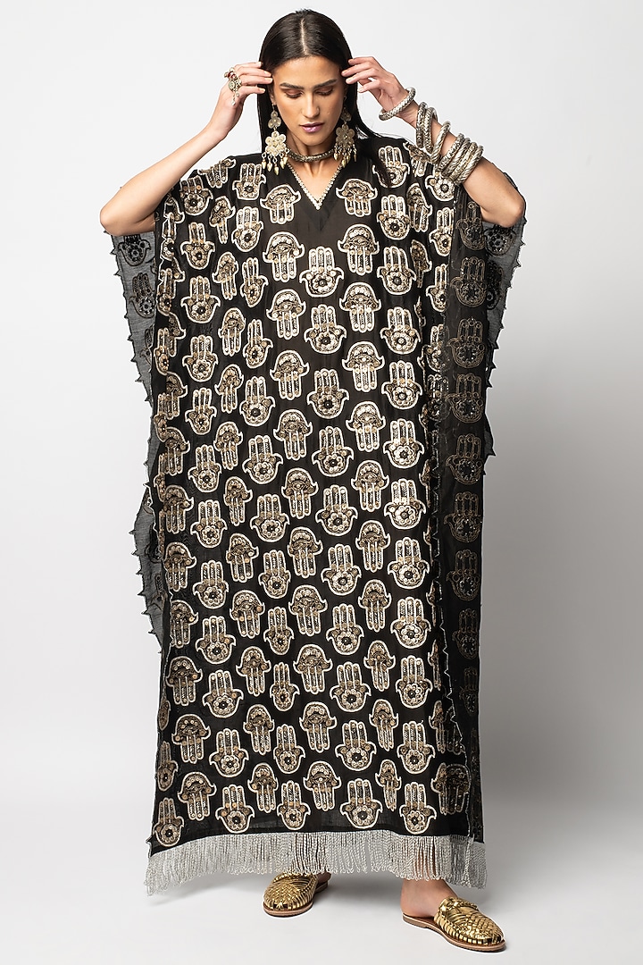 Black Aari Hand Embroidered Long Kaftan by Rara Avis at Pernia's Pop Up Shop