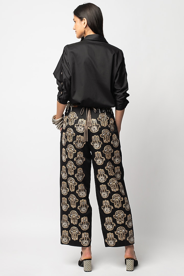 Black Aari Embroidered Pleated Pants by Rara Avis at Pernia's Pop Up Shop