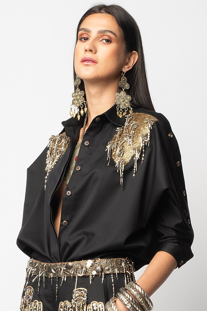 Black Aari Embroidered Pleated Pants by Rara Avis at Pernia's Pop Up Shop