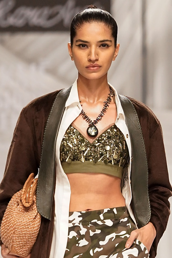 Brown Faux Fur Cotton Aari Embellished Bralette by Rara Avis at Pernia's Pop Up Shop