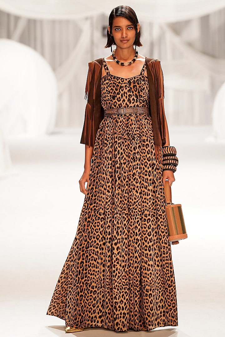 Brown Viscose Suede Leather Maxi Dress by Rara Avis