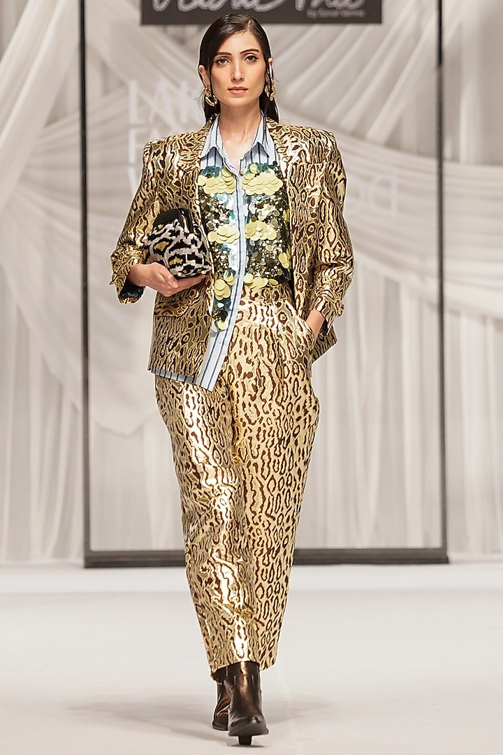 Gold Viscose Jacquard Aari Work Leopard Blazer by Rara Avis at Pernia's Pop Up Shop