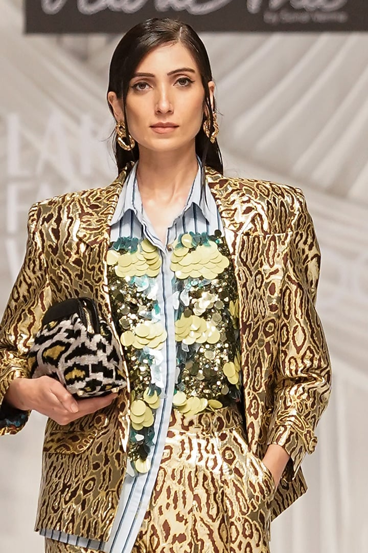 Gold Viscose Jacquard Aari Embellished & Striped Shirt by Rara Avis at Pernia's Pop Up Shop