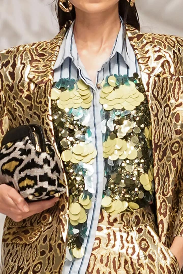 Gold Viscose Jacquard Aari Embellished & Striped Shirt by Rara Avis at Pernia's Pop Up Shop
