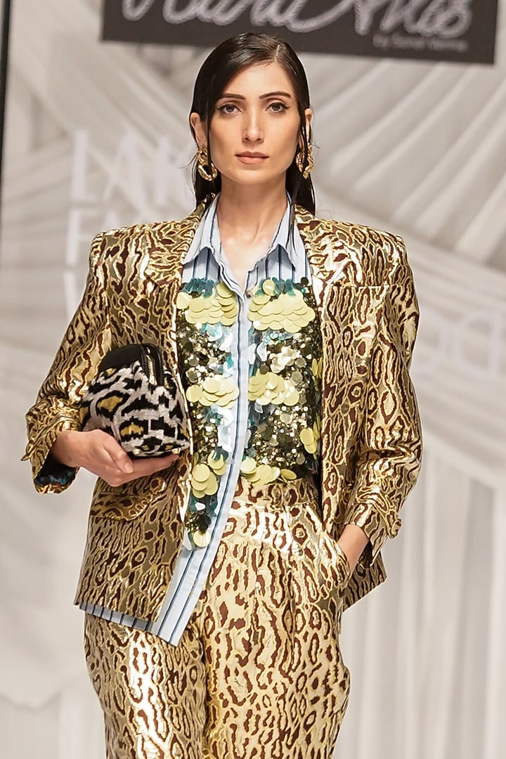 Gold Viscose Jacquard Aari Embellished & Striped Shirt by Rara Avis at Pernia's Pop Up Shop
