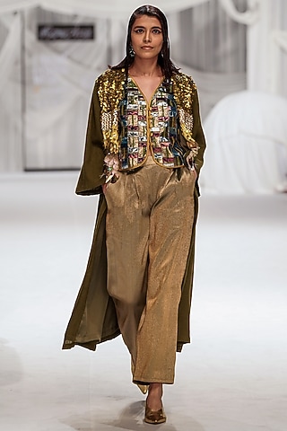 Khaki-Antique Gold Wool & Viscose Polyester Dabka Work Handwoven Short Jacket by Rara Avis