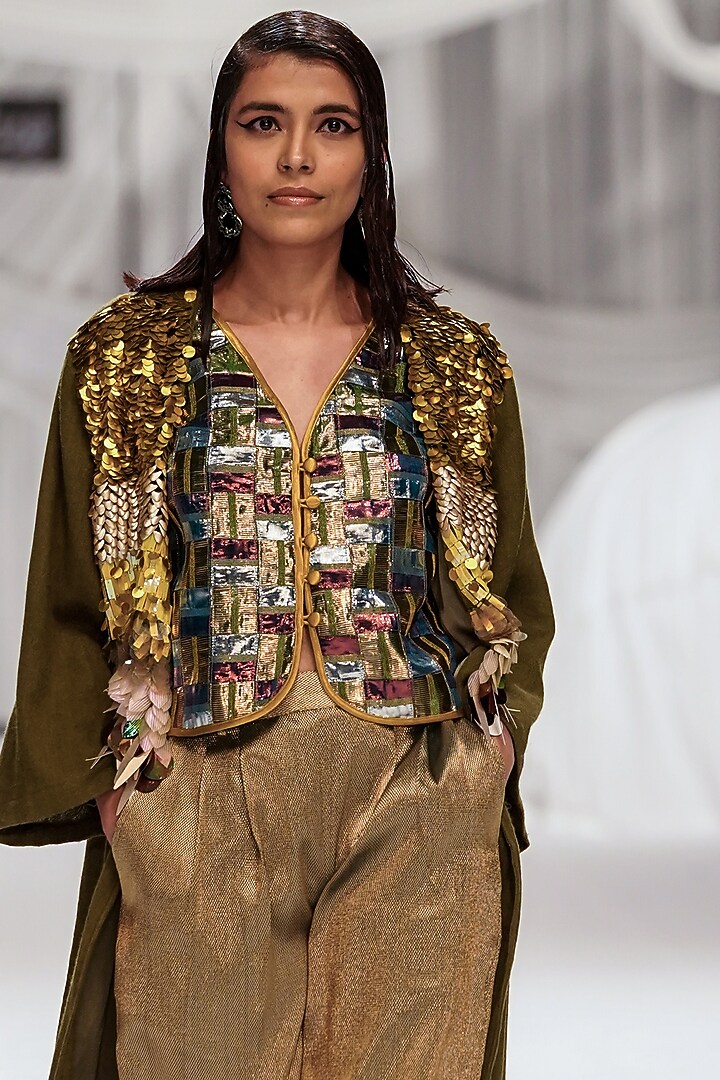 Khaki-Antique Gold Wool & Viscose Polyester Dabka Work Handwoven Short Jacket by Rara Avis at Pernia's Pop Up Shop