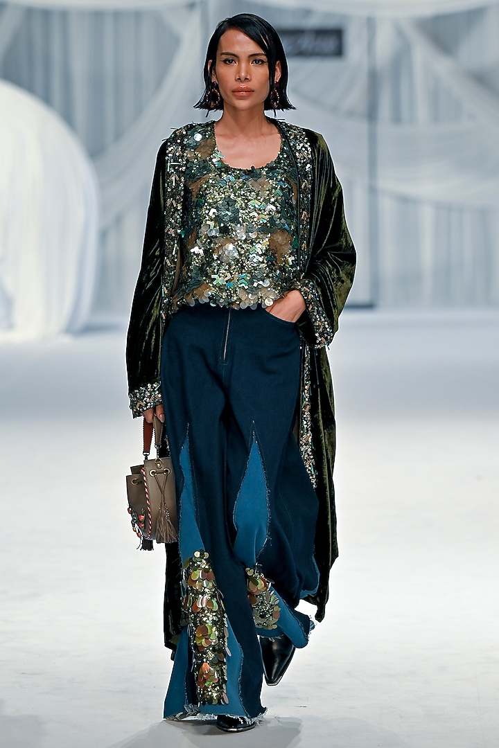 Olive-Blue Silk Velvet Cotton Aari Work Overlay by Rara Avis at Pernia's Pop Up Shop