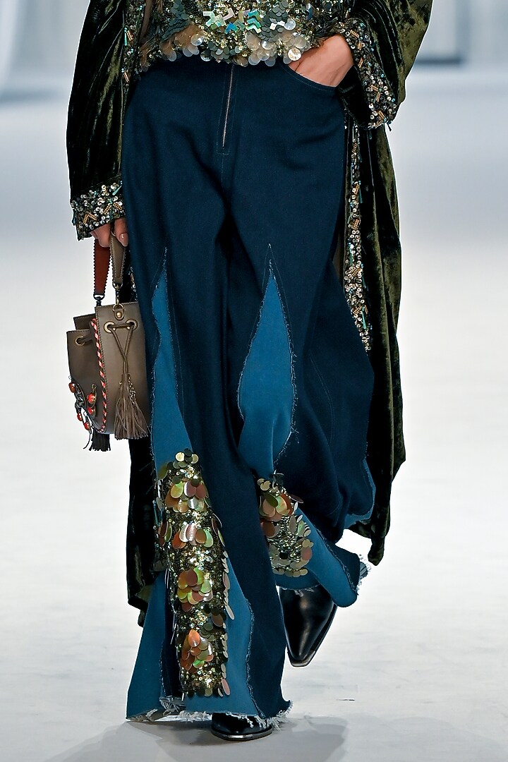Olive-Blue Silk Velvet Cotton Aari Embellished Denims by Rara Avis at Pernia's Pop Up Shop