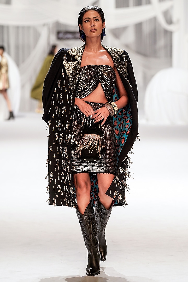 Black Metallic Wool Hand Embroidered Skirt Set Design by Rara Avis