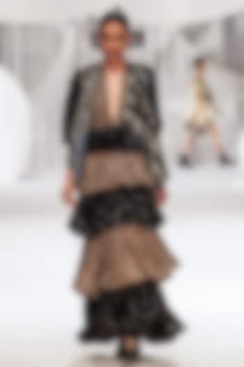 Black Metallic Lurex Viscose Aari Work Tiered Maxi Cocktail Dress by Rara Avis at Pernia's Pop Up Shop