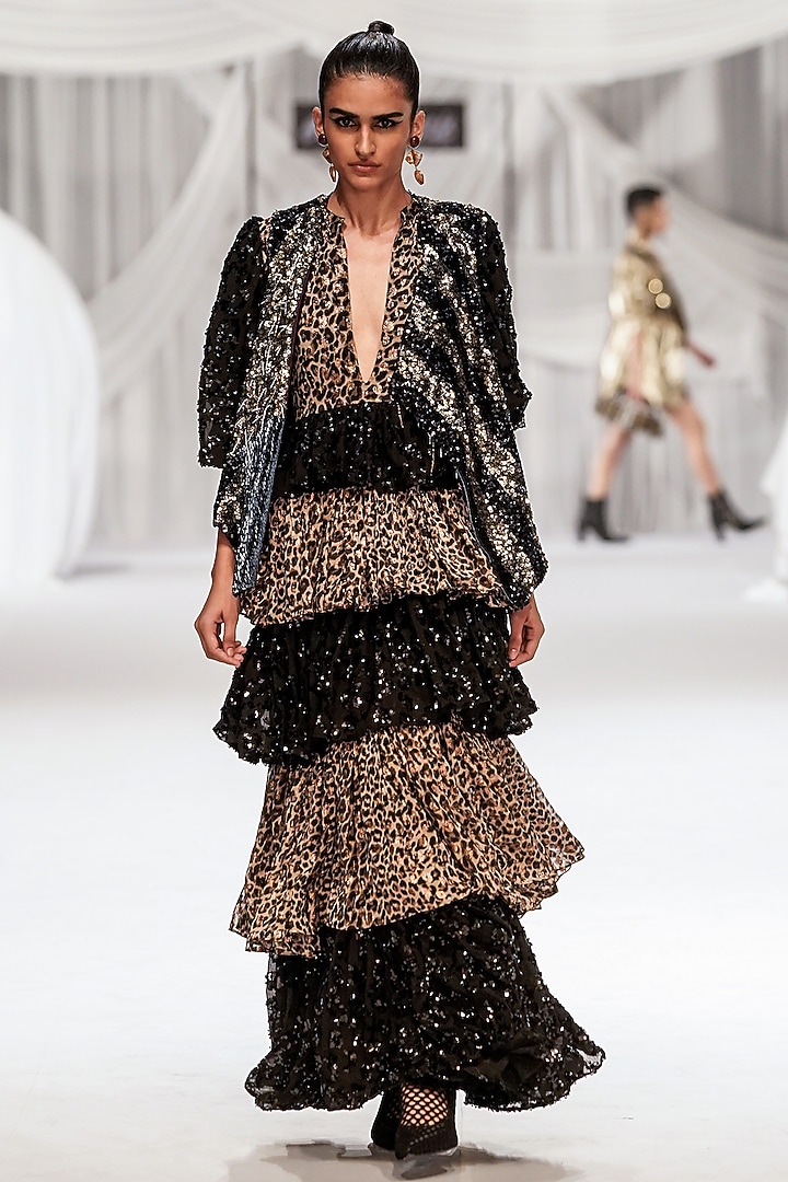 Black Metallic Lurex Viscose Aari Work Tiered Maxi Cocktail Dress by Rara Avis at Pernia's Pop Up Shop