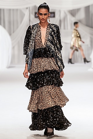 Black Metallic Lurex Viscose Aari Work Gilet by Rara Avis