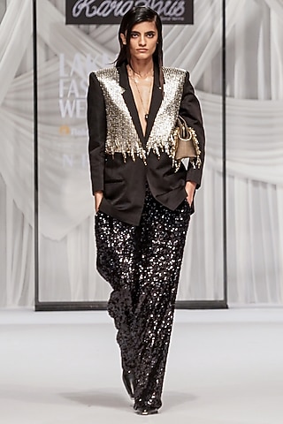 Black Metallic Silk Dabka Embroidered Pants by Rara Avis