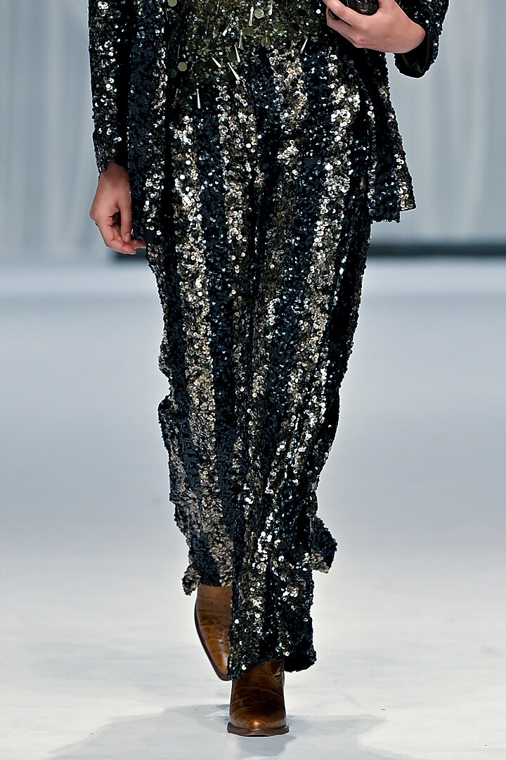 Black Metallic Cotton Silk Striped Embroidered Flared Pants by Rara Avis at Pernia's Pop Up Shop