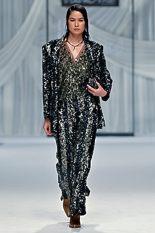 Black Metallic Cotton Silk Hand Embroidered Top by Rara Avis