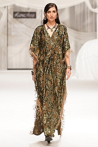 Olive-Gold Cotton Silk Dabka Work Kaftan by Rara Avis