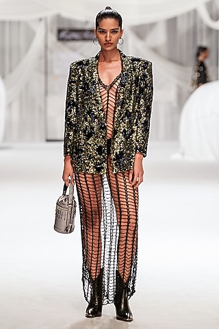 Olive-Black Cotton Silk Sheer Dress With Blazer by Rara Avis
