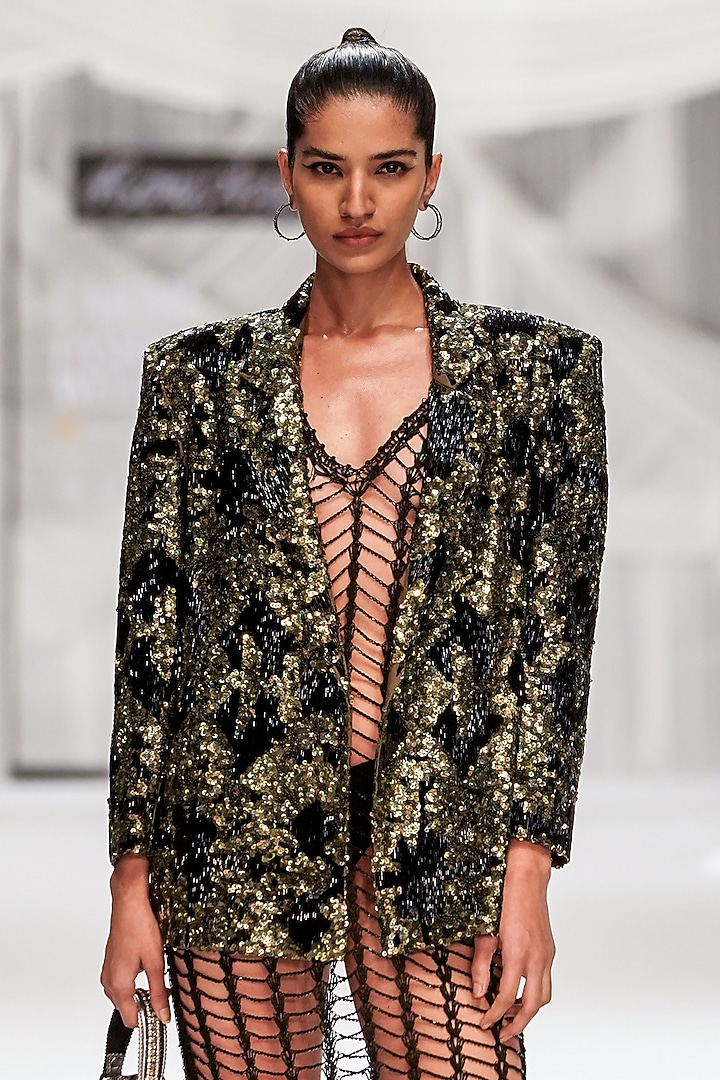 Olive-Black Cotton Silk Sheer Party Wear Dress With Blazer by Rara Avis at Pernia's Pop Up Shop