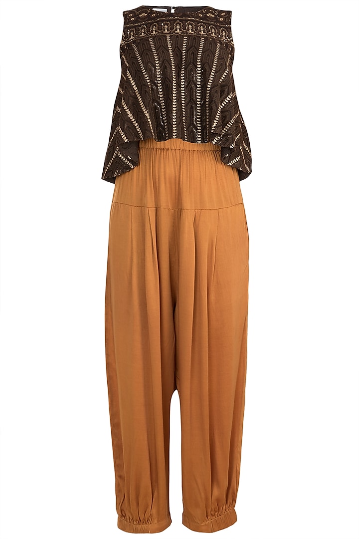 Brown Embroidered Crop Top With Rust Pants by Rriso