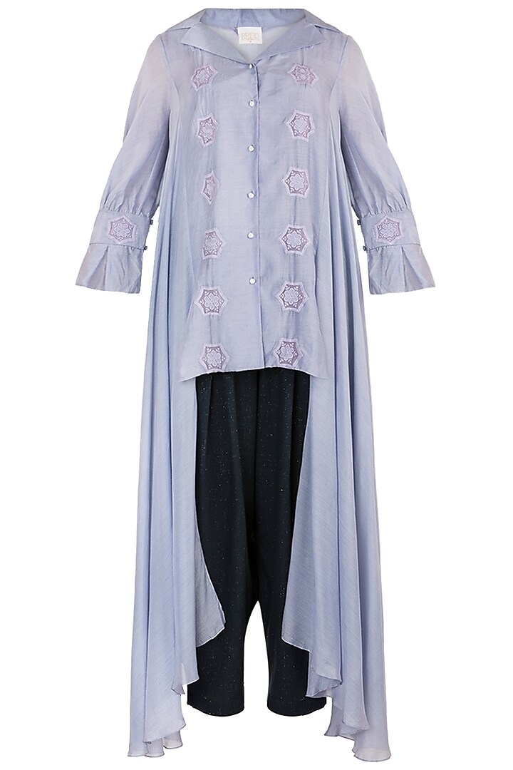 Lilac Embroidered High-Low Tunic With Blue Pants by Rriso