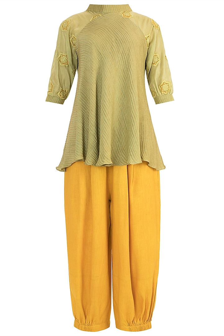 Sea Green Embroidered Tunic With Mustard Pants by Rriso