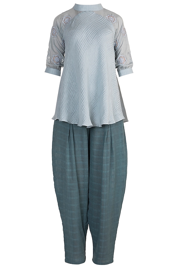 Powder Blue Embroidered Tunic With Blue Pants by Rriso