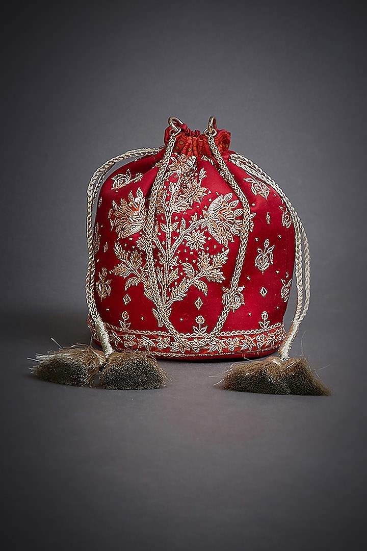 Red Embroidered Potli Bag With Tassels by Ri Ritu Kumar