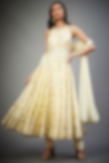 Ecru & Multi-Colored Silk Dupion Hand Embroidered Kurta Set by Ri Ritu Kumar at Pernia's Pop Up Shop