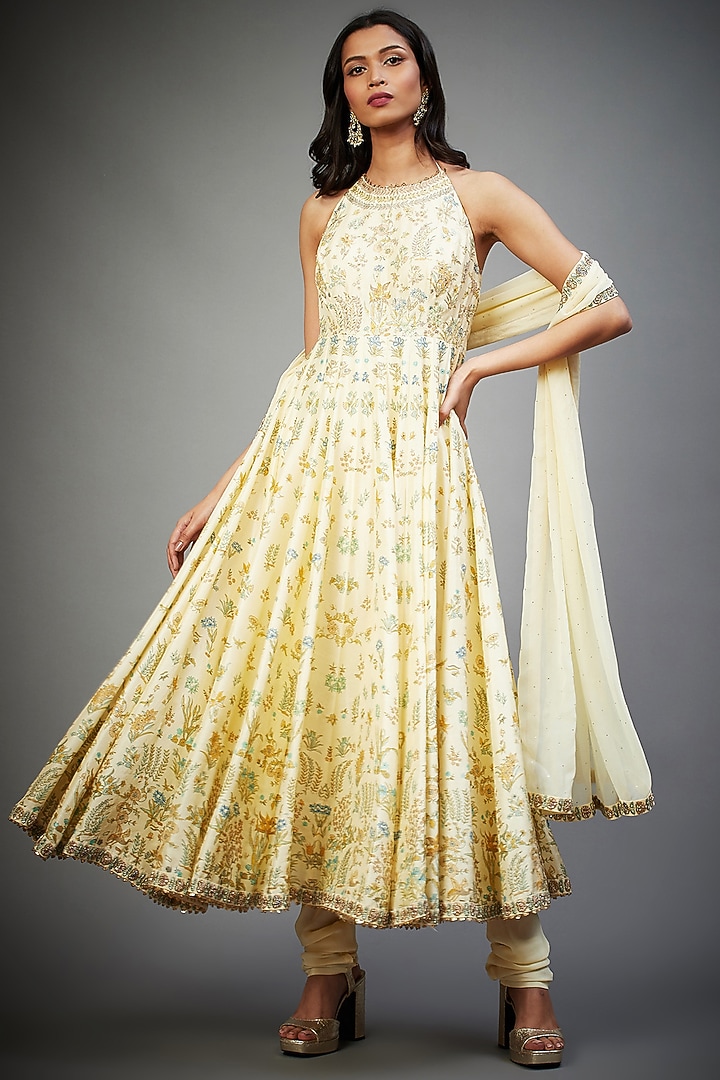 Ecru & Multi-Colored Silk Dupion Hand Embroidered Kurta Set by Ri Ritu Kumar at Pernia's Pop Up Shop