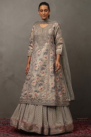 Grey Polyester Silk Hand & Machine Embroidered Kurta Set by Ri Ritu Kumar