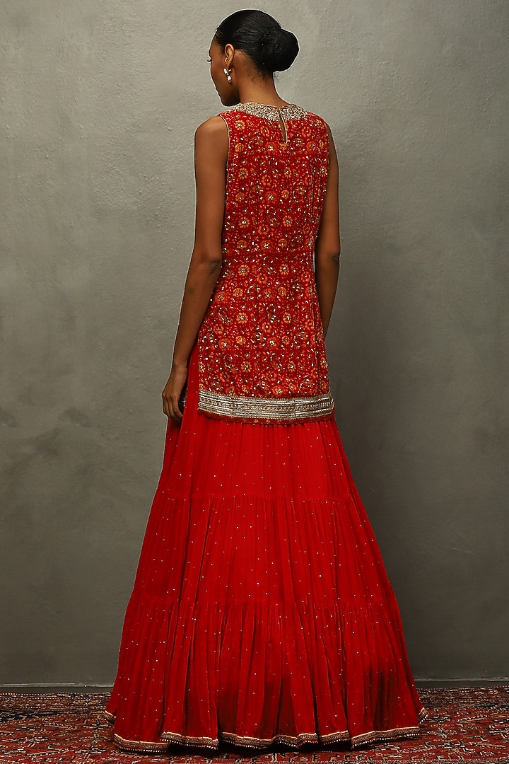 Red Velvet Printed & Hand Embroidered Kurta Set by Ri Ritu Kumar at Pernia's Pop Up Shop