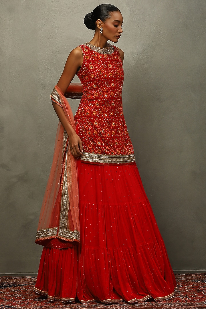 Red Velvet Printed & Hand Embroidered Kurta Set by Ri Ritu Kumar at Pernia's Pop Up Shop
