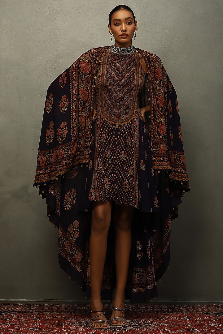 Violet-Blue Silk Floral Printed & Embroidered Jacket Dress by Ri Ritu Kumar at Pernia's Pop Up Shop
