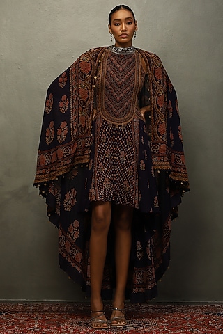 Violet-Blue Silk Floral Printed & Embroidered Jacket Dress by Ri Ritu Kumar
