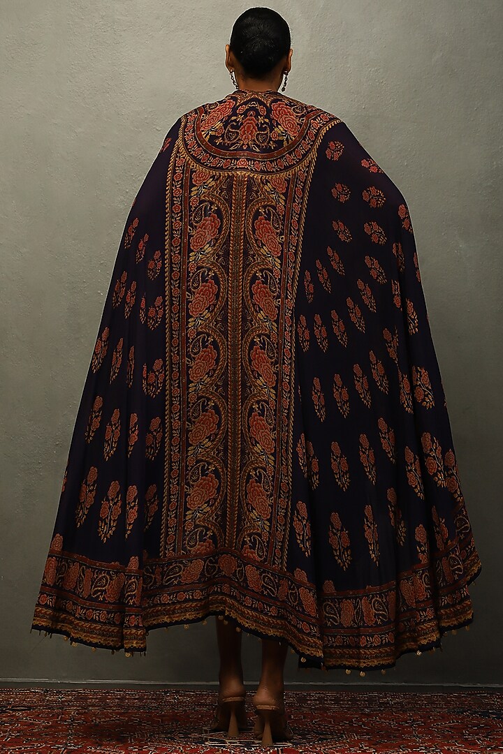 Violet-Blue Silk Floral Printed & Embroidered Jacket Party Wear Dress by Ri Ritu Kumar at Pernia's Pop Up Shop