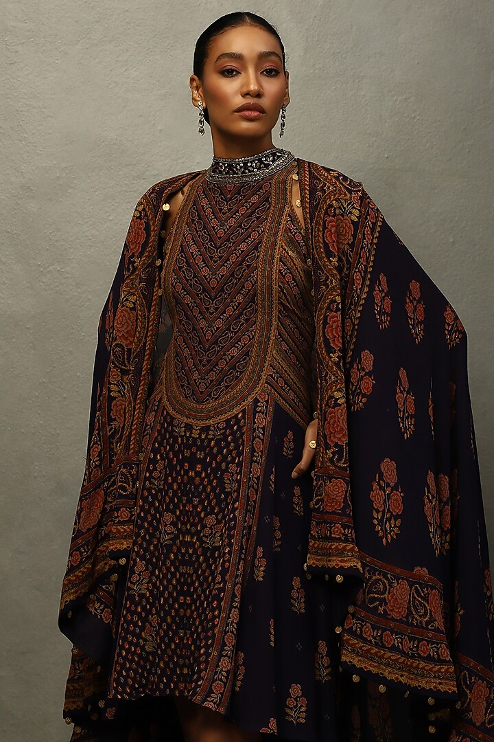 Violet-Blue Silk Floral Printed & Embroidered Jacket Party Wear Dress by Ri Ritu Kumar at Pernia's Pop Up Shop