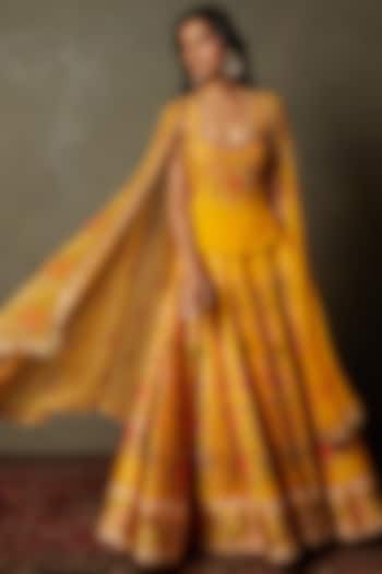 Saffron Poly Dupion Printed & Embroidered Jacket Wedding Lehenga Set by Ri Ritu Kumar at Pernia's Pop Up Shop