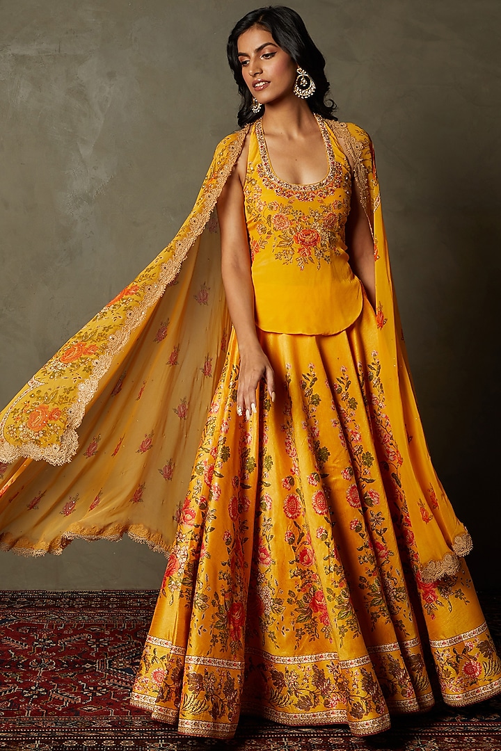 Saffron Poly Dupion Printed & Embroidered Jacket Wedding Lehenga Set by Ri Ritu Kumar at Pernia's Pop Up Shop
