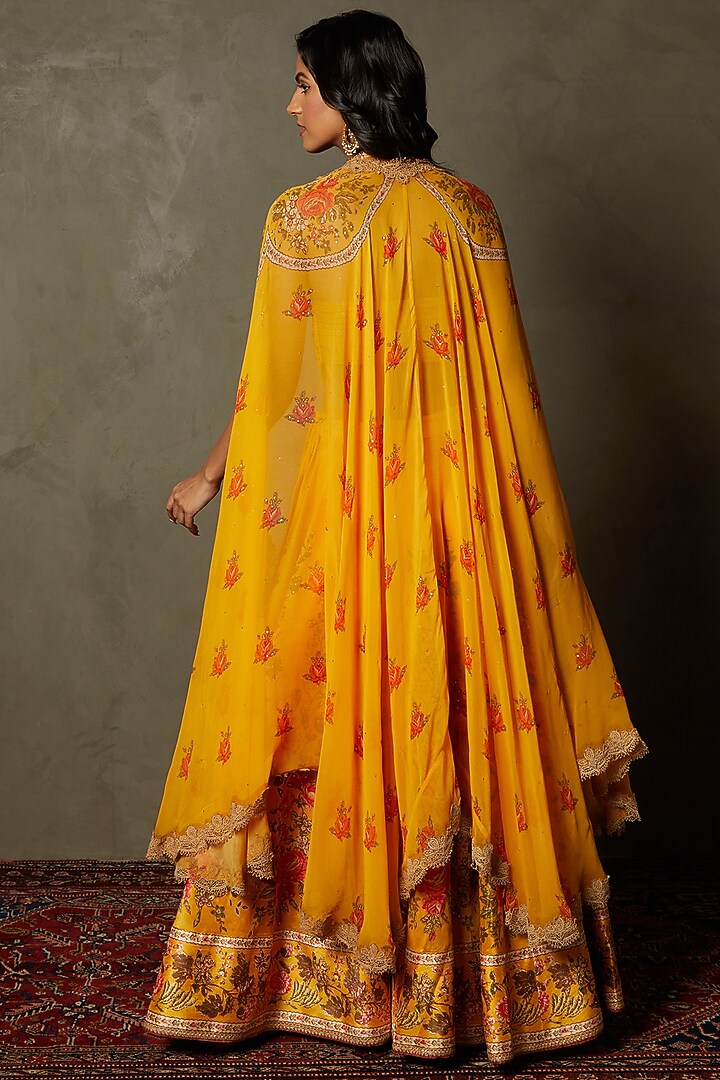 Saffron Poly Dupion Printed & Embroidered Jacket Wedding Lehenga Set by Ri Ritu Kumar at Pernia's Pop Up Shop