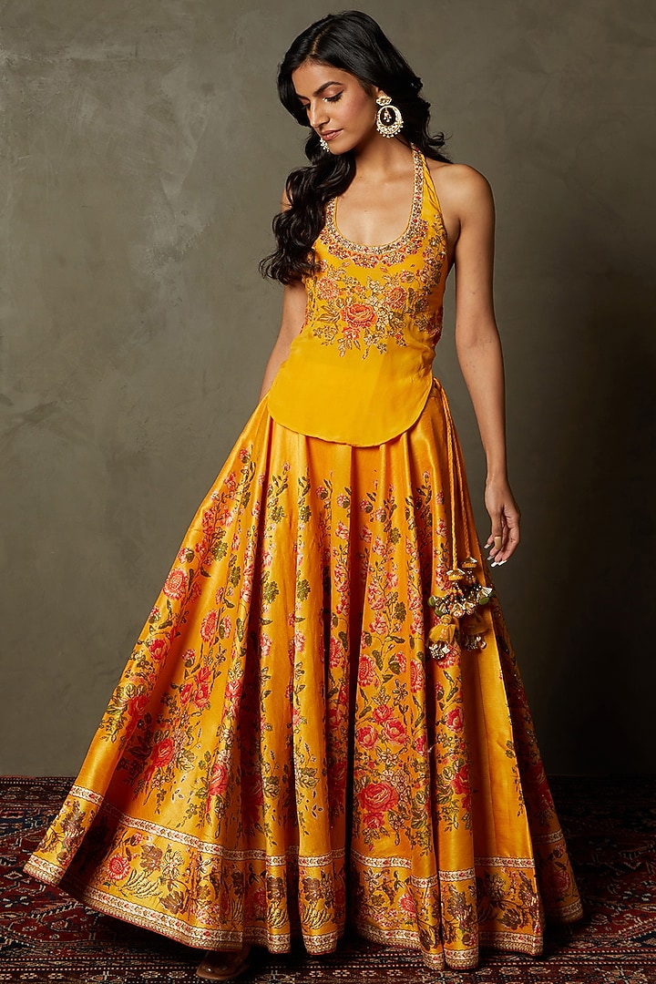 Saffron Poly Dupion Printed & Embroidered Jacket Wedding Lehenga Set by Ri Ritu Kumar at Pernia's Pop Up Shop