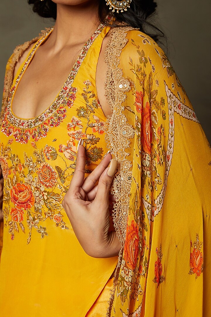 Saffron Poly Dupion Printed & Embroidered Jacket Wedding Lehenga Set by Ri Ritu Kumar at Pernia's Pop Up Shop