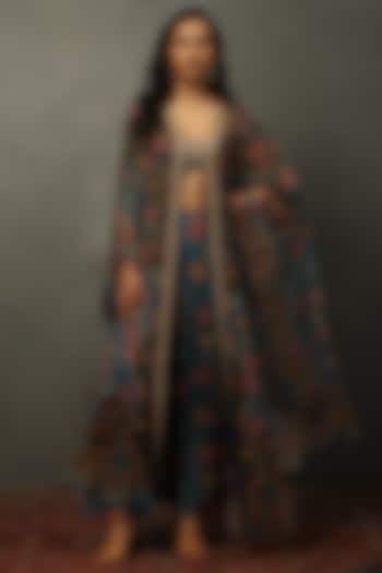 Deep Teal Viscose Chinon Hand Embroidered & Printed Cape Set by Ri Ritu Kumar at Pernia's Pop Up Shop