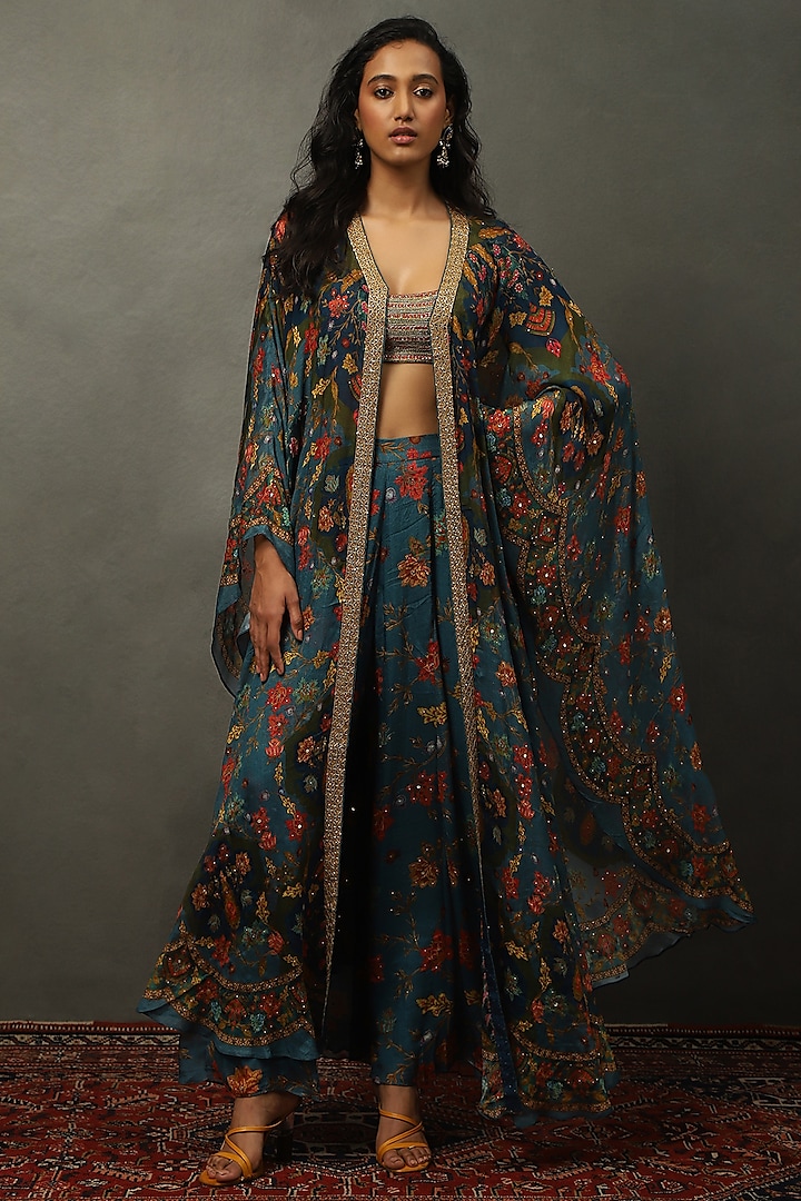 Deep Teal Viscose Chinon Hand Embroidered & Printed Cape Set by Ri Ritu Kumar at Pernia's Pop Up Shop