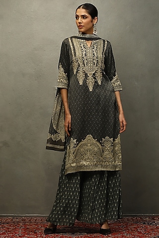 Khaki & Green Silk Satin Hand Embroidered Kurta Set by Ri Ritu Kumar
