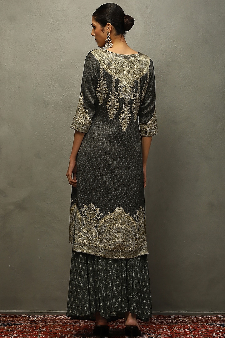 Khaki & Green Silk Satin Hand Embroidered Kurta Set by Ri Ritu Kumar at Pernia's Pop Up Shop