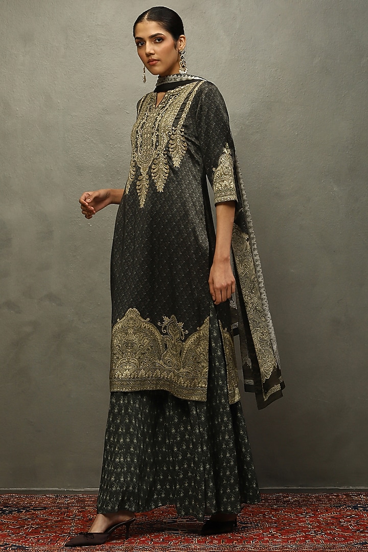Khaki & Green Silk Satin Hand Embroidered Kurta Set by Ri Ritu Kumar at Pernia's Pop Up Shop